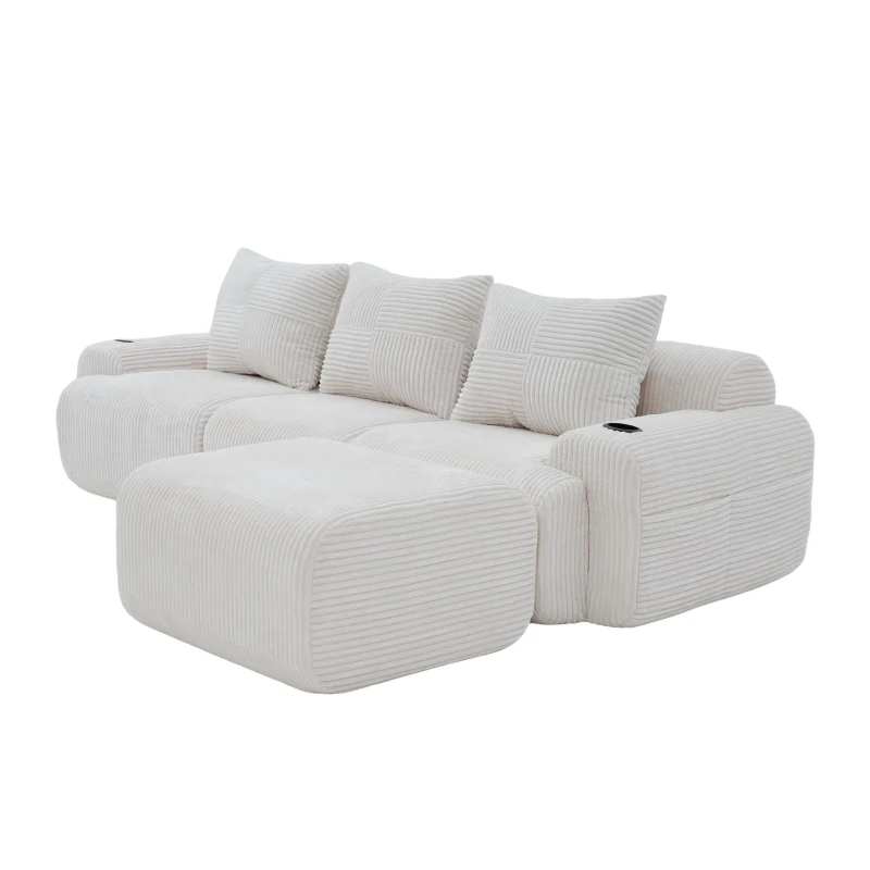Corduroy Sectional Sofa with Built-in Cup Holders and Side Storage Pockets, 3-Seater Modular Sofa with Ottomans, 268L x 174W x 80H cm, Beige