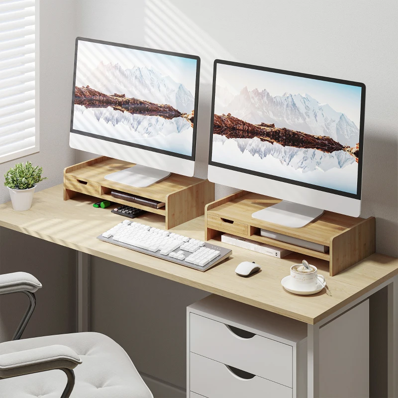 HOMCOM Suporte para Monitor de Bambu Organizador de Escritório para Monitor Portátil 48x25,5x11,5 cm Madeira