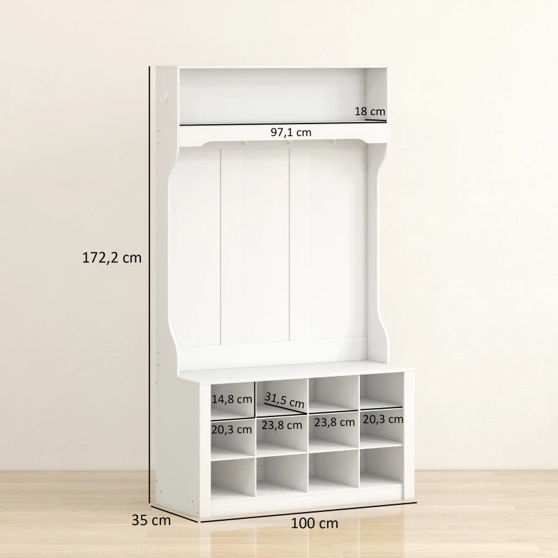 HOMCOM Porte-Manteau 4-en-1 avec Banc, Banc d'Entrée avec 12 Compartiments à Chaussures, 6 Crochets et Étagère Ouverte, Blanc