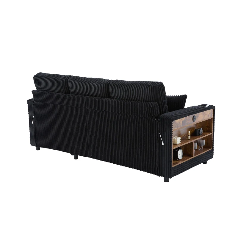 Multifunctional Corduroy Sofa Bed with Hidden Storage, LED-Lighted Guest Couch for Family Film Nights, 196L x 82W x 85H cm, Black
