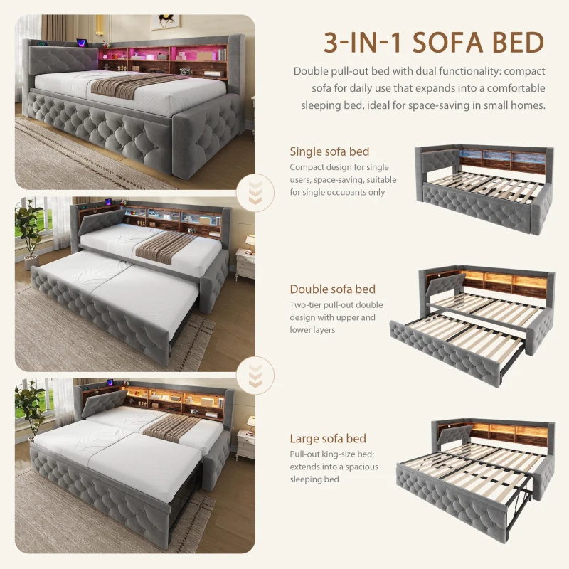 Velvet Pull-Out Sofa Bed Frame with Wooden Headboard Shelf, Convertible Daybed for Living Rooms and Studio Flats, 211L x 91W x 84H cm, Dark Gray