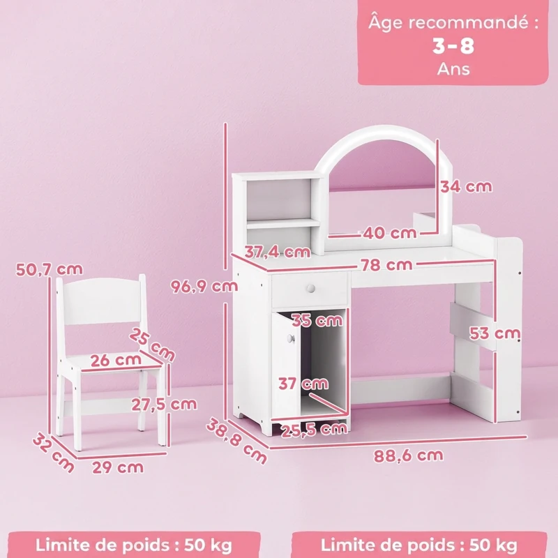 AIYAPLAY Coiffeuse pour enfants avec tabouret et miroir LED, table de maquillage pour 3 à 8 ans, 88,6 x 38,8 x 96,9 cm, blanc
