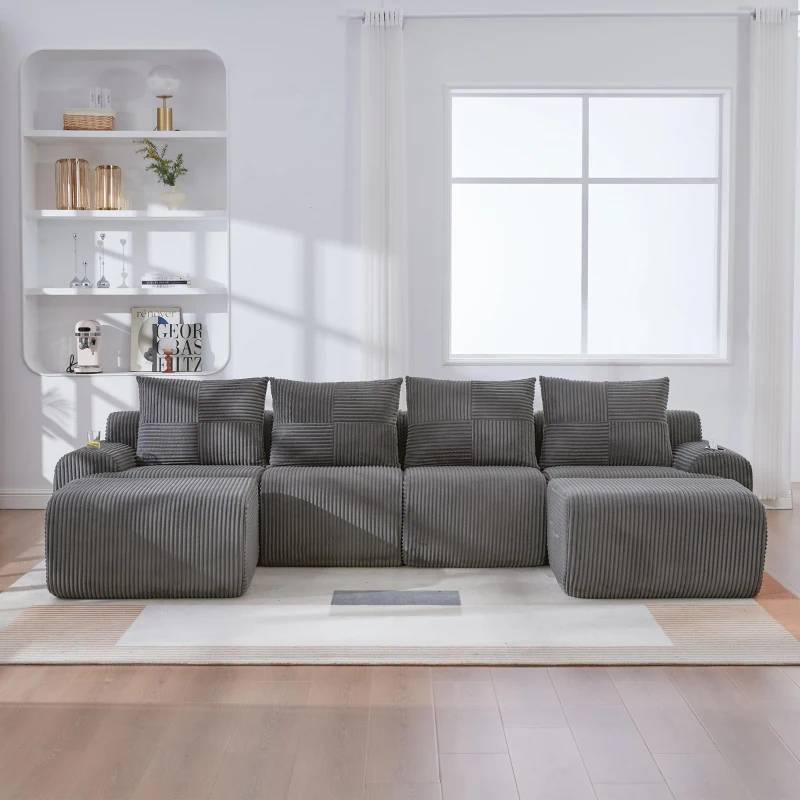 4-Seater Modular Cord Sofa with 2 Ottomans and Integrated Cup‑Holders, Corduroy Sectional Sofa for Living Rooms, 333L x 174W x 80H cm, Dark Gray