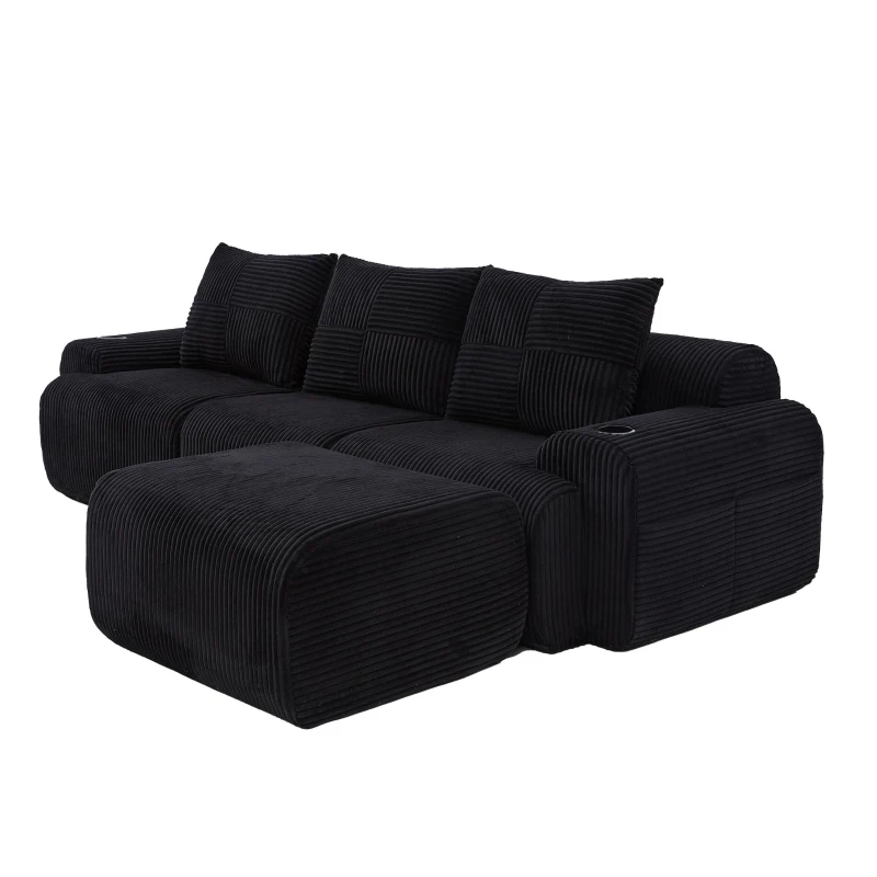 Corduroy Sectional Sofa with Built-in Cup Holders and Side Storage Pockets, 3-Seater Modular Sofa with Ottomans, 268L x 174W x 80H cm, Black