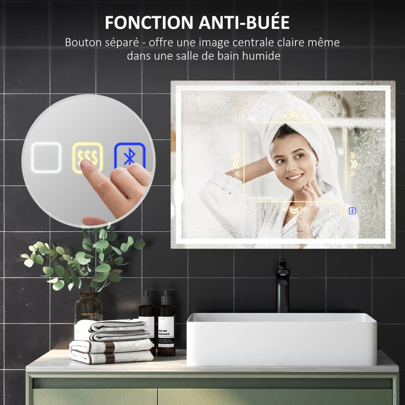 HOMCOM Miroir salle de bain LED bluetooth 60 x 80 cm interrupteur tactile lumière réglable 3 couleurs anti-buée mémoire argent