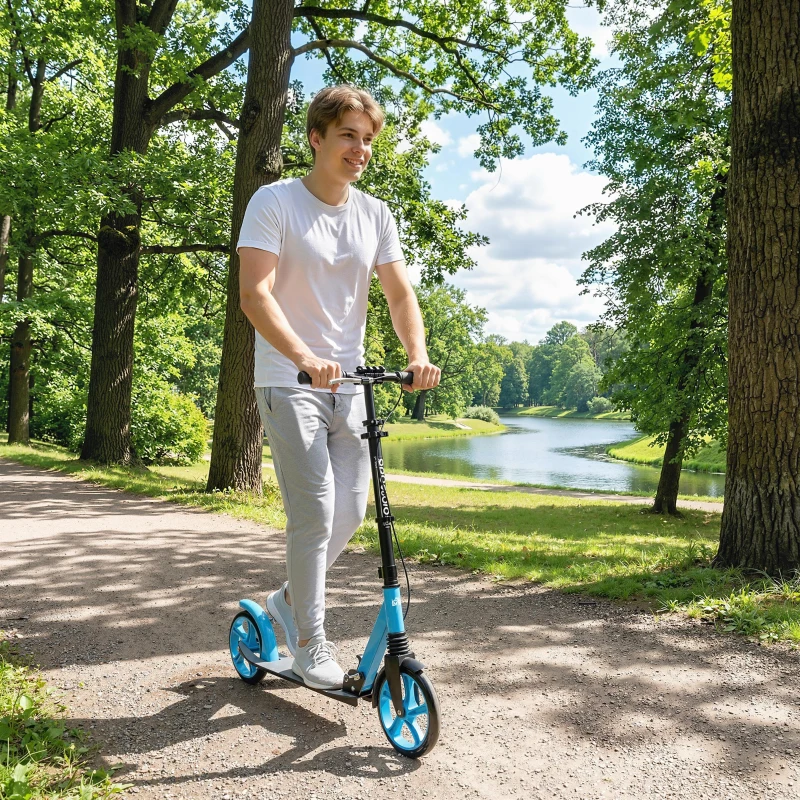 HOMCOM Trottinette Pliable pour Adultes 14+ Ans, Guidon Réglable, Grandes Roues, Amortisseur, Aluminium, 91,5x36,5x104cm, Bleu