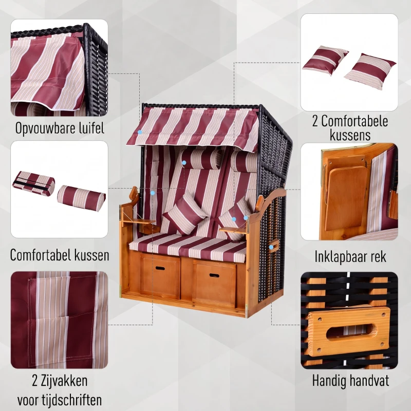 Outsunny Dubbele ligstoel met dak dubbele ligstoel chaise longue voetensteun PE rotan rood(m-4)