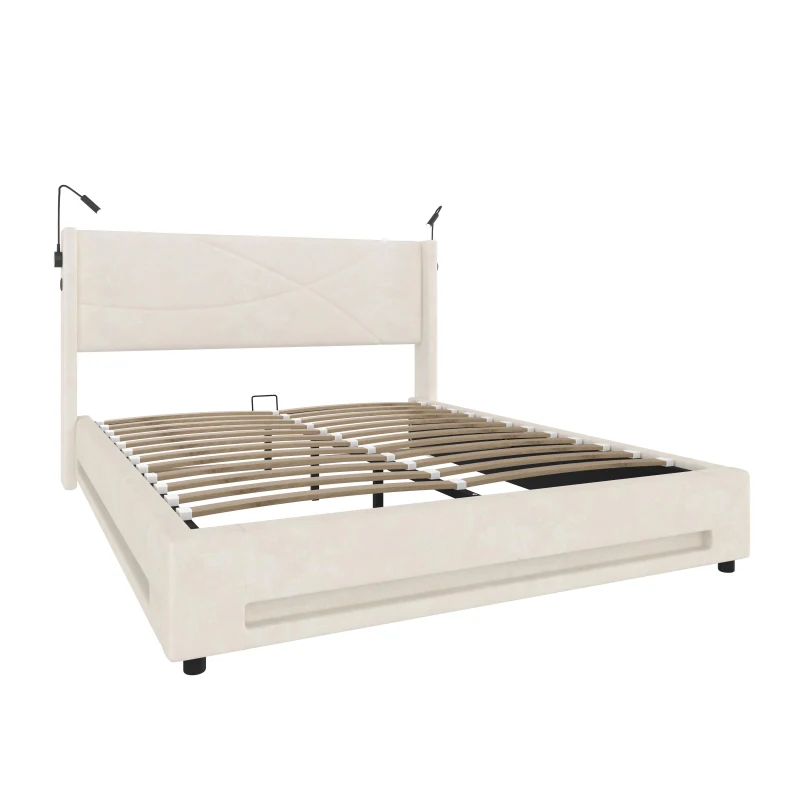 Modern Platform Bed with Hydraulic Lift System, Functional Bed Frame with Built-In Reading Lamps and USB Ports, 199L x 142W x 106H cm, Beige