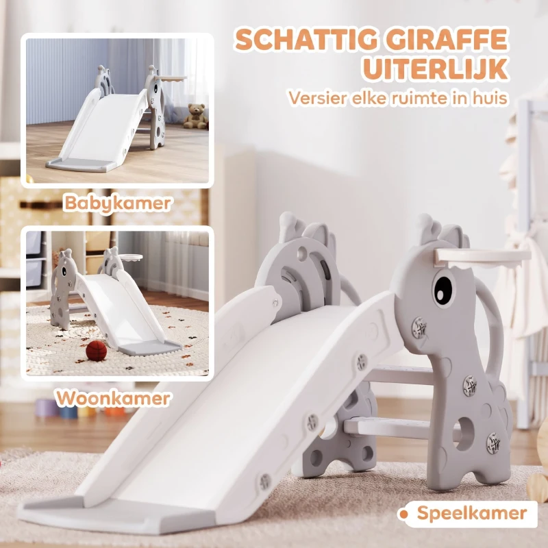 AIYAPLAY 3-in-1 Kinderglijbaan in Giraffenvorm met Basketbalring en Bal, Grijs(m-5)