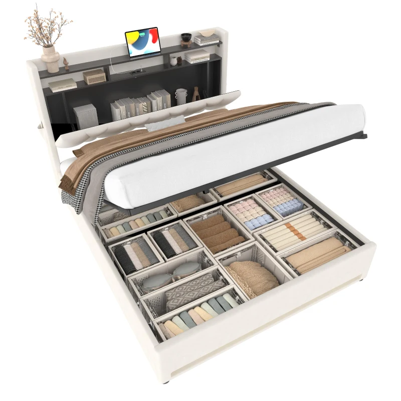 Functional Hydraulic Bed with Headboard Shelf, Stylish Platform Bed for Contemporary Bedrooms and Flats, 158L x 221W x 116.5H cm, Beige
