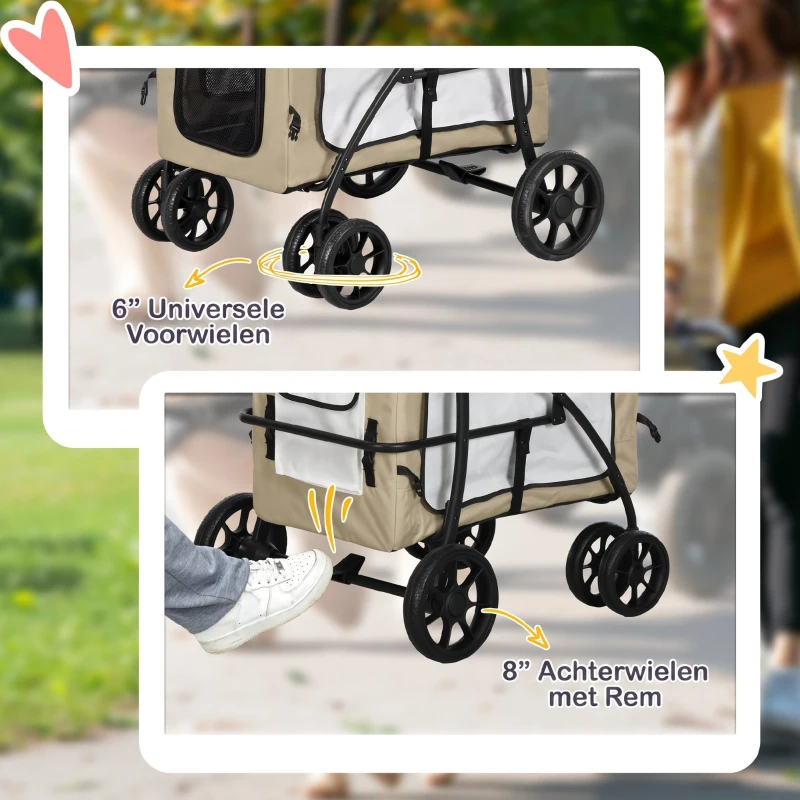 PawHut Hondenbuggy Huisdierbuggy Opvouwbaar met Afneembaar Compartiment, 81 x 58 x 97,5 cm, Zwart+Khaki+Wit