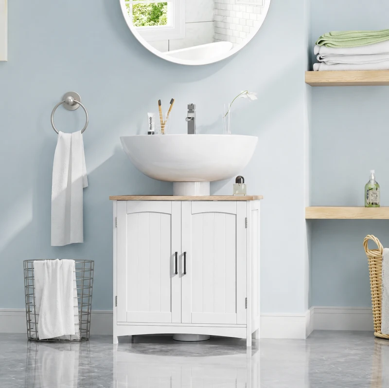 kleankin Meuble salle de bain sous lavabo à double portes avec étagères réglables, blanc et bois naturel