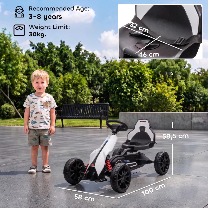 HOMCOM Go Kart Elettrico per Bambini 3-8 Anni, 12V 3-5 km/h, con Cintura di Sicurezza, Capacità 30 kg, Bianco