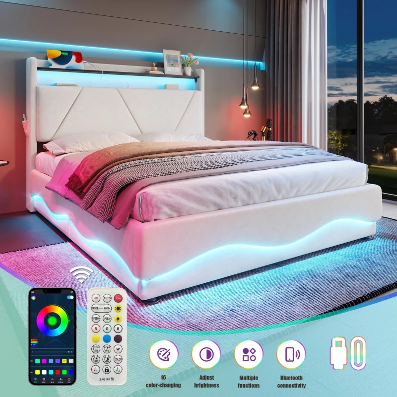 Functional Bed with Additional Under-Bed Storage, Modern Bed Frame with Wavy LED Side Lighting and USB Ports, 143L x 211W x 115.5H cm, Beige