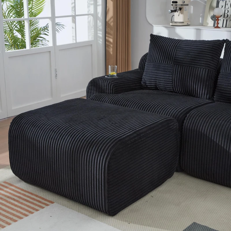 4-Seater Modular Cord Sofa with 2 Ottomans and Integrated Cup‑Holders, Corduroy Sectional Sofa for Living Rooms, 333L x 174W x 80H cm, Black