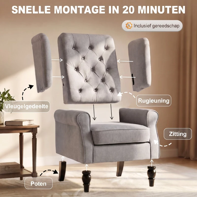 HOMCOM Enkele fauteuil met tufting relaxfauteuil enkele stoel houten poten polyester 2 kleuren