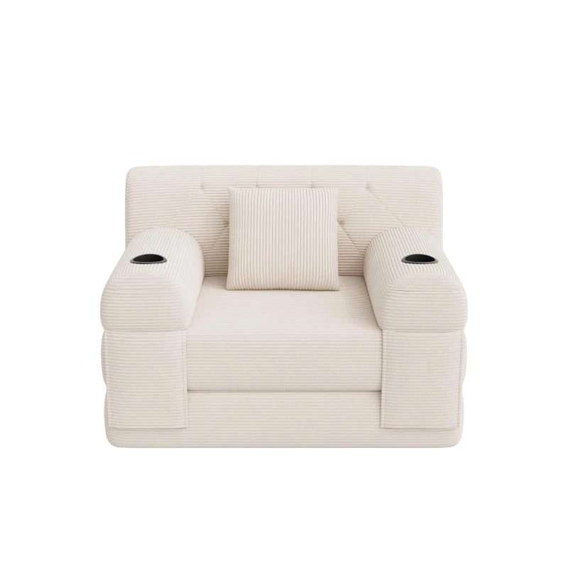 Convertible 1-Seater Sleeper Sofa with Tufted Corduroy Upholstery, Ideal Sofa Bed for Living Rooms and Small Spaces, 107L x 80W x 81H cm, Beige