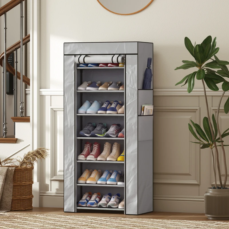 HOMCOM Schuhregal 7 Ablagen Stahl mit Vliesstoff-Abdeckung, 60 x 30 x 126 cm, Grau