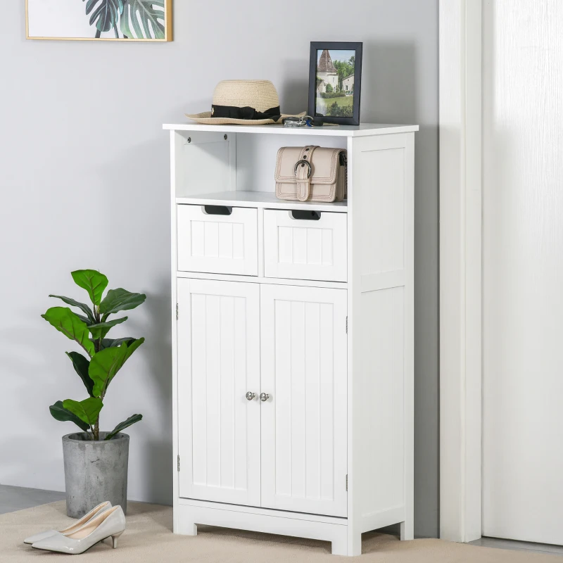 Kleanklin Armário de Casa de Banho com 2 Portas Prateleira Ajustável 2 Gavetas e Compartimento Aberto Móvel Auxiliar de Armazenamento para Sala de Estar Cozinha 60x30x108,8cm Branco