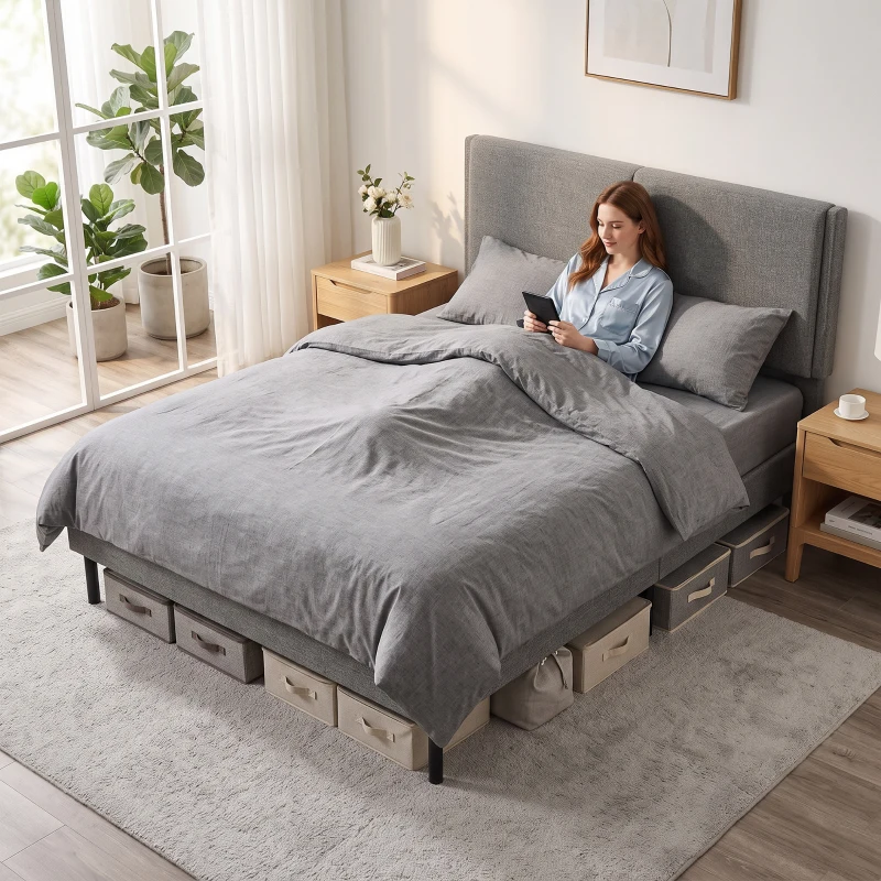 HOMCOM Estructura de Cama 140x190 cm con Somier y Cabecero Ajustable Tapizada en Lino con Almacenamiento Inferior Gris