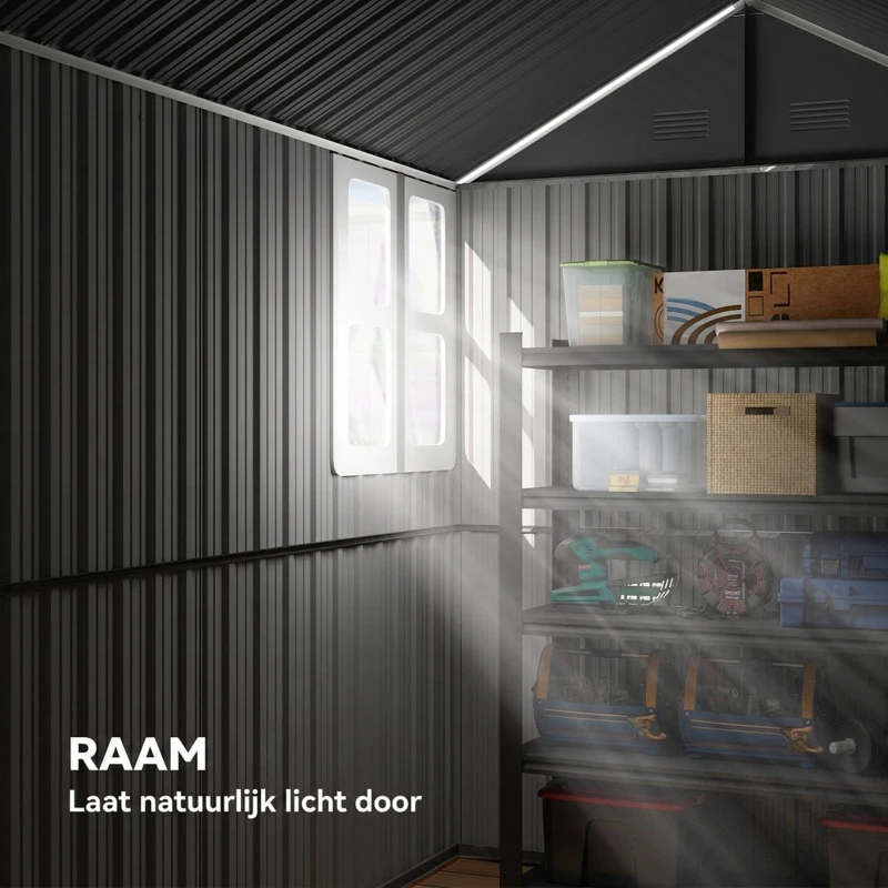 Outsunny Tuinhuis, metalen opbergschuur, dubbele deur, raam, 259x172x222 cm, grijs/wit(m-5)