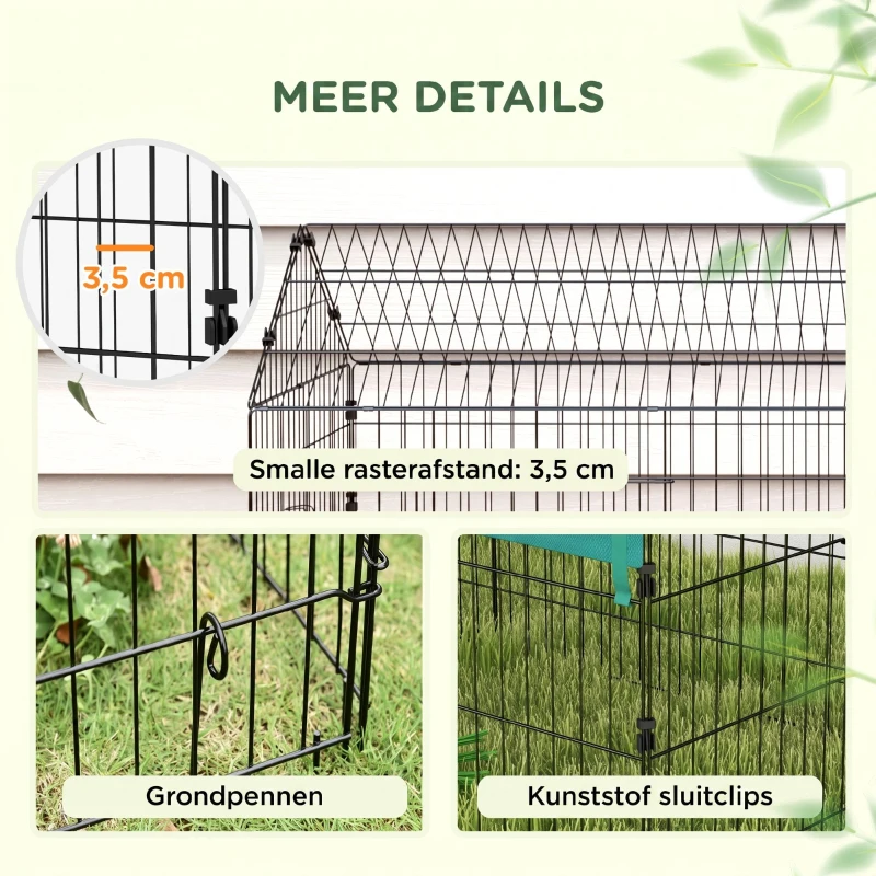 PawHut Kleindierenverblijf met Dak, 4 Deuren, Weerbestendig, Staal/Polyester, 220x85x103cm, Groen/Zwart