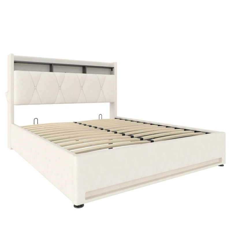 Functional Hydraulic Bed with Headboard Shelf, Stylish Platform Bed for Contemporary Bedrooms and Flats, 158L x 221W x 116.5H cm, Beige