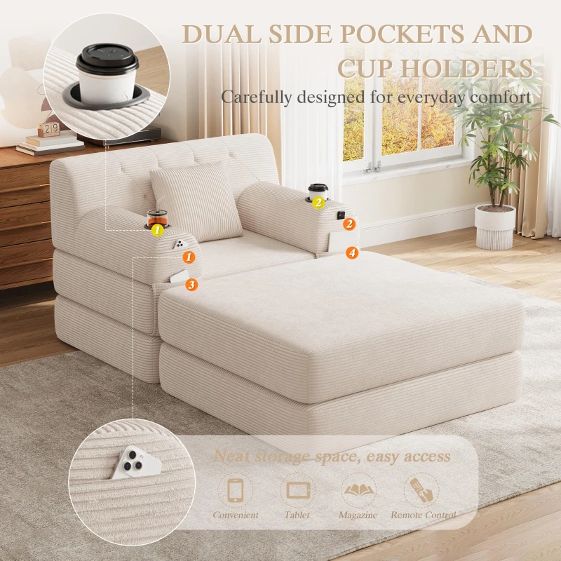 Corduroy Sleeper Chair with Ottoman and Metal Frame, Convertible 1-Seater Sofa Bed with High Backrest, 107L x 162W x 81H cm, Beige