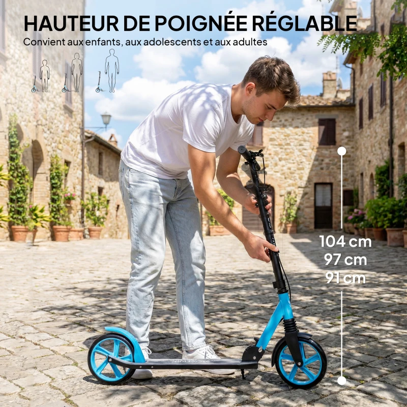 HOMCOM Trottinette Pliable pour Adultes 14+ Ans, Guidon Réglable, Grandes Roues, Amortisseur, Aluminium, 91,5x36,5x104cm, Bleu