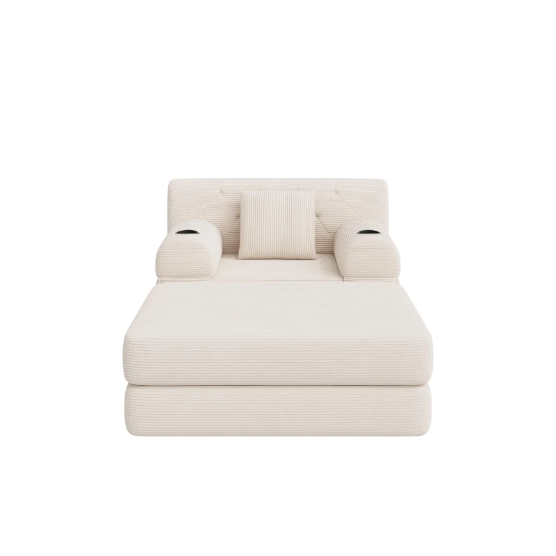 Corduroy Sleeper Chair with Ottoman and Metal Frame, Convertible 1-Seater Sofa Bed with High Backrest, 107L x 162W x 81H cm, Beige