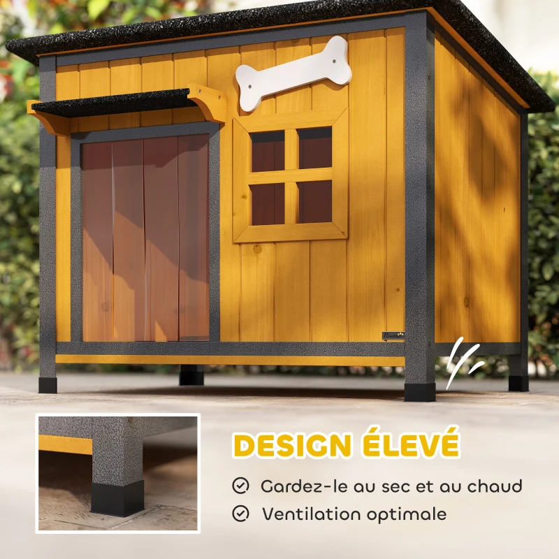 PawHut Niche pour Chien Extérieur Maison pour Chien Surélevée Anti-Morsure Toit Ouvrable Imperméable 84,5x62x65cm Jaune