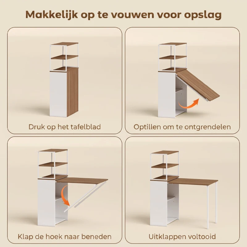HOMCOM Opklapbaar Bureau Keukentafel met 4 Planken Computertafel Werktafel Laptoptafel 105 x 60 x 127 cm Natuurhout(m-7)