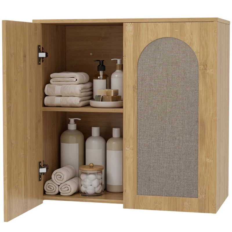 HOMCOM Armario mural de baño bohemio con 2 puertas efecto ratán de cierre suave y estantería regulable, roble