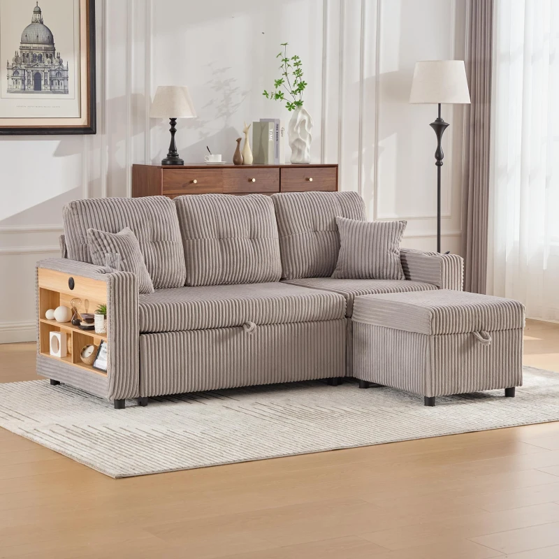Multifunctional Corduroy Sofa Bed with Hidden Storage, LED-Lighted Guest Couch for Family Film Nights, 196L x 82W x 85H cm, Light Gray