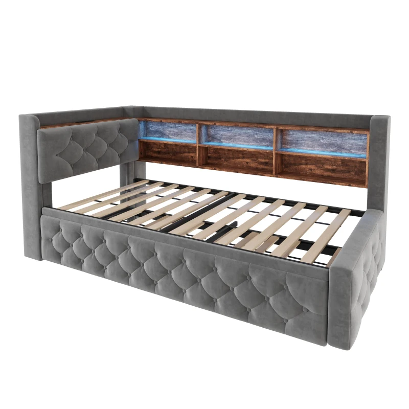 Velvet Pull-Out Sofa Bed Frame with Wooden Headboard Shelf, Convertible Daybed for Living Rooms and Studio Flats, 211L x 91W x 84H cm, Dark Gray