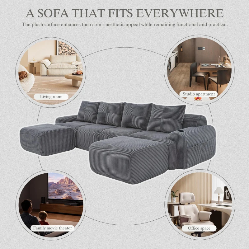 4-Seater Modular Cord Sofa with 2 Ottomans and Integrated Cup‑Holders, Corduroy Sectional Sofa for Living Rooms, 333L x 174W x 80H cm, Dark Gray