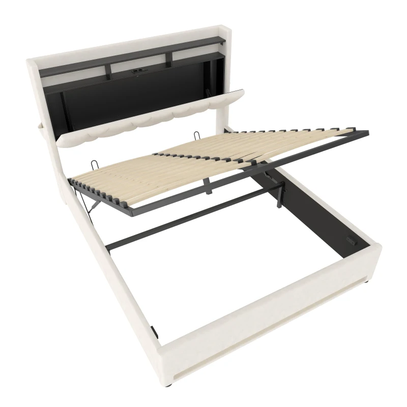 Functional Hydraulic Bed with Headboard Shelf, Stylish Platform Bed for Contemporary Bedrooms and Flats, 158L x 221W x 116.5H cm, Beige