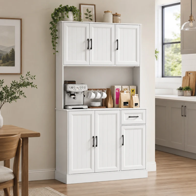 HOMCOM Keukenkast, 180,5 cm, voorraadkast, werkblad, kabeldoorvoer, verstelbare planken, MDF, Wit(m-11)