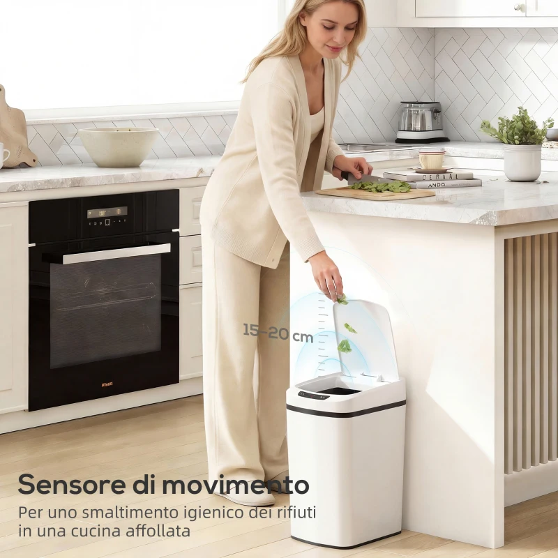 HOMCOM Cestino Rifiuti da 12L a Infrarossi con Secchio Rimovibile, in Acciaio Inox, ABS e PP, 28x22x41 cm, Bianco