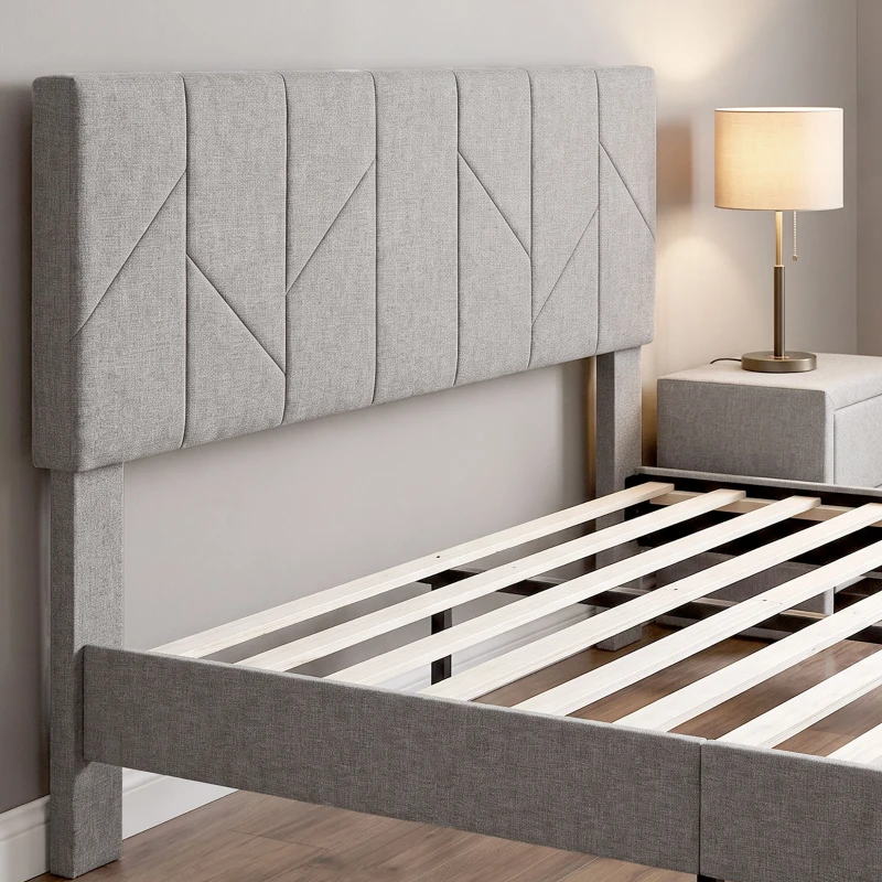 HOMCOM Marco de Cama 140x190 cm con Somier y Cabecero Ajustable Cama Doble Acolchada en Lino con Almacenamiento Inferior Gris