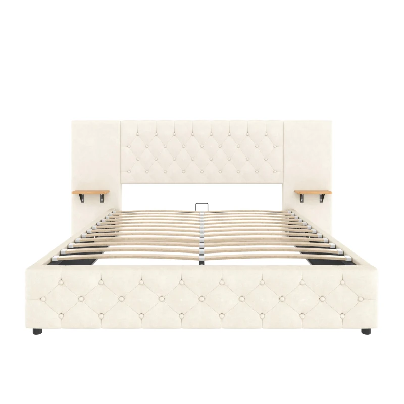 Spacious Platform Bed with Hydraulic Lift System, Modern Bed Frame with Wide Headboard and Tufting Button, 190L x 135W x 103H cm, Beige