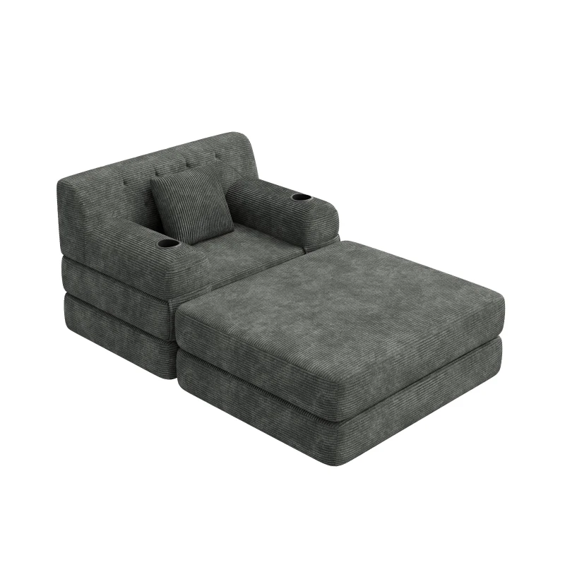 Corduroy Sleeper Chair with Ottoman and Metal Frame, Convertible 1-Seater Sofa Bed with High Backrest, 107L x 162W x 81H cm, Dark Gray