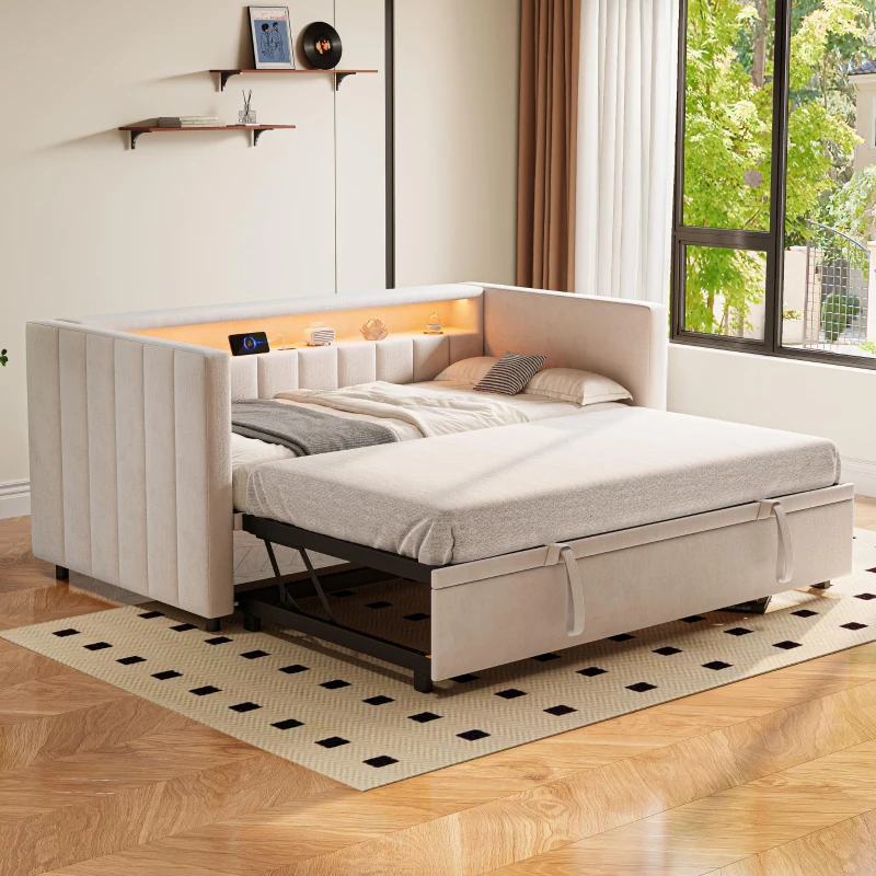 Space-Saving Sofa Bed with Pull-Out Bed, Versatile Sleeper Couch for Bedrooms, Guest Rooms, or Youth Rooms, 201L x 100W x 73H cm, Beige