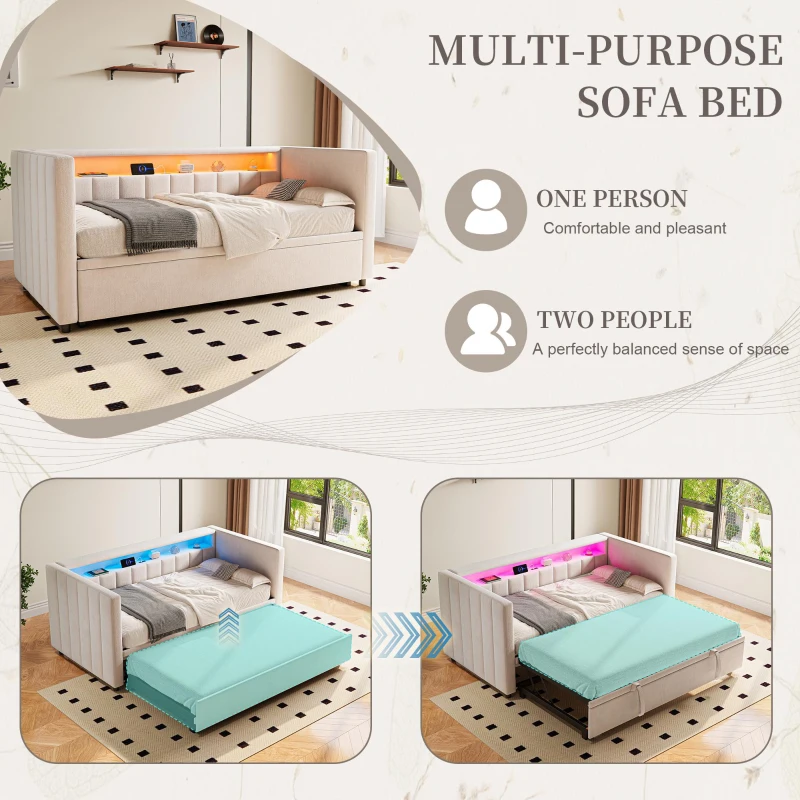 Space-Saving Sofa Bed with Pull-Out Bed, Versatile Sleeper Couch for Bedrooms, Guest Rooms, or Youth Rooms, 201L x 100W x 73H cm, Beige