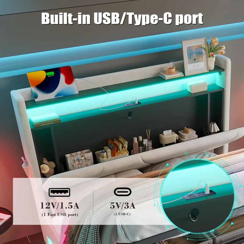 Functional Bed with Additional Under-Bed Storage, Modern Bed Frame with Wavy LED Side Lighting and USB Ports, 143L x 211W x 115.5H cm, Beige