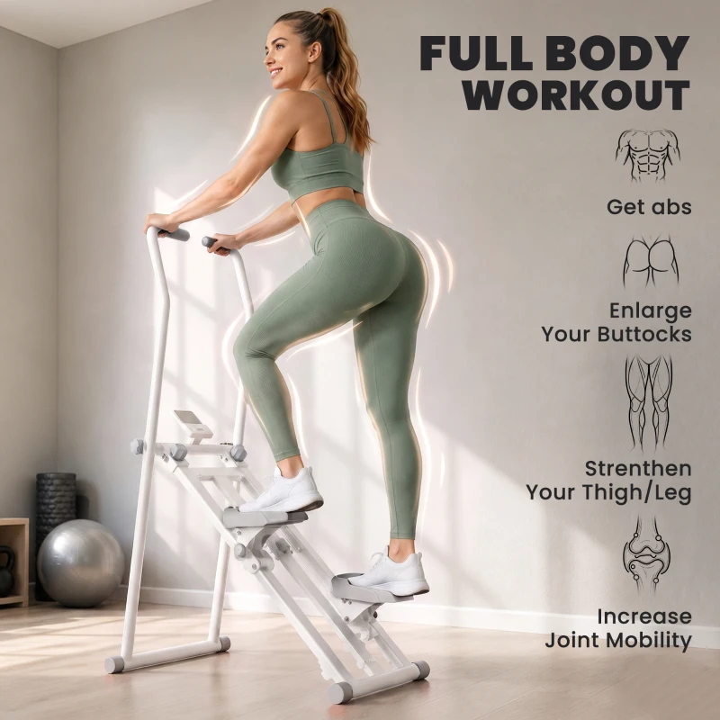 SPORTNOW Stepper d'Escalier Pliable, 3 Niveaux de Résistance, Hauteur Réglable, Écran LCD, Charge 150 kg, 90x50x133cm, Blanc