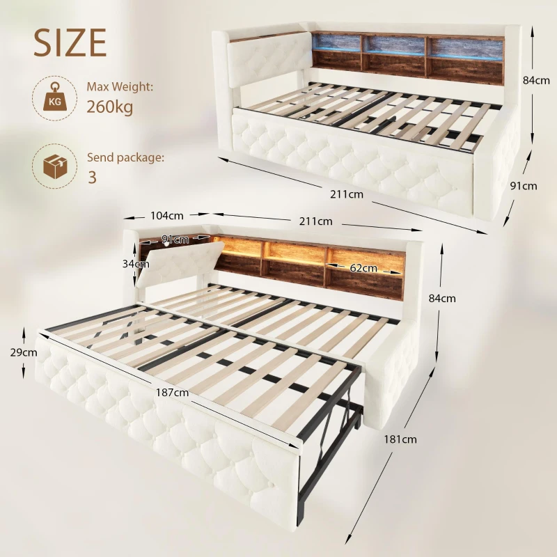 Velvet Pull-Out Sofa Bed Frame with Wooden Headboard Shelf, Convertible Daybed with Lift-Up Armrest Storage, 211L x 91W x 84H cm, Beige