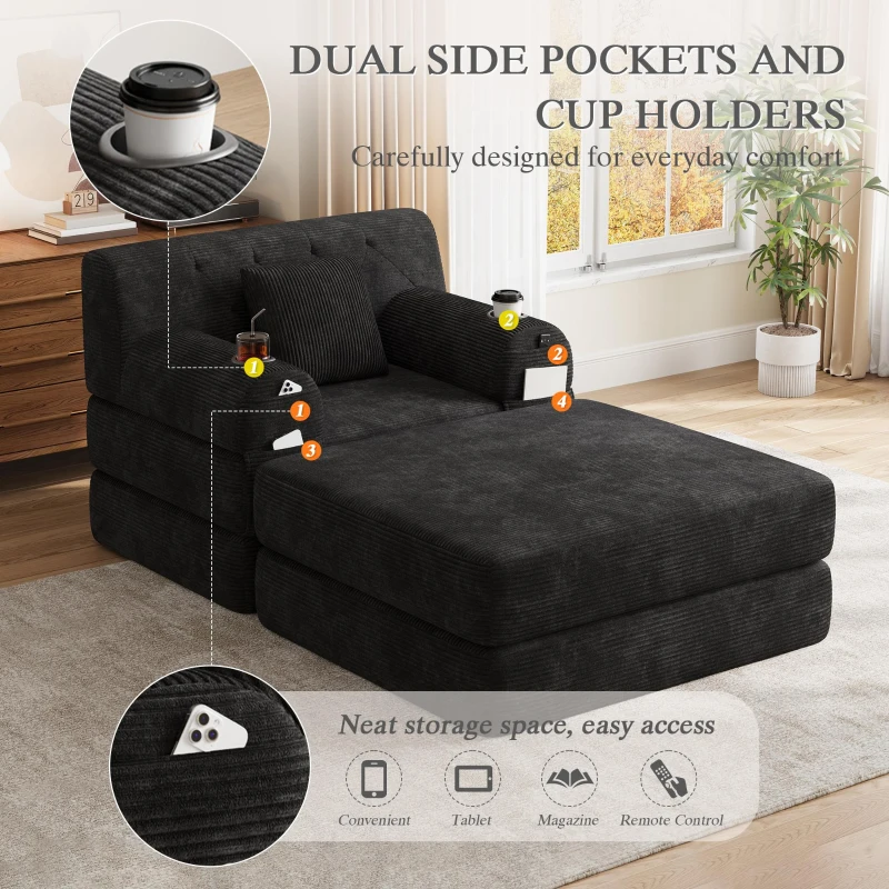 Corduroy Sleeper Chair with Ottoman and Metal Frame, Convertible 1-Seater Sofa Bed with High Backrest, 107L x 162W x 81H cm, Black