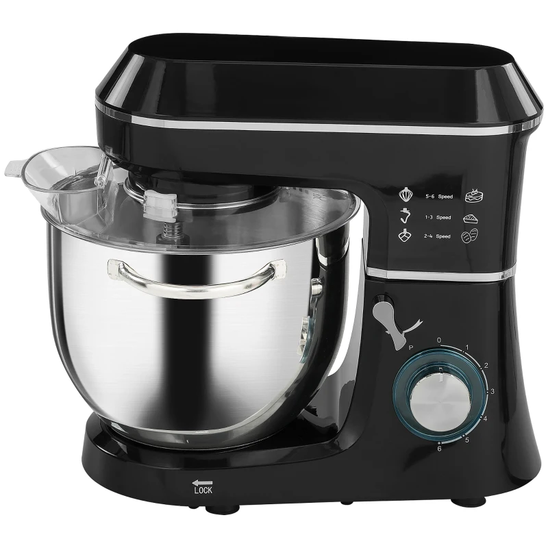 HOMCOM Impastatrice Planetaria 1400W con Ciotola 7L e 6 Velocità, Gancio Impastatore, Frusta e Sbattitore, Nero