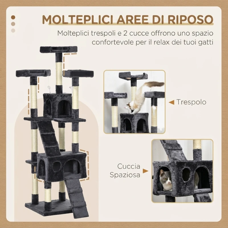 PawHut Albero Tiragraffi per Gatti con 3 Posatoi, 2 Casette e Giochi Appesi, in Legno e Peluche, Grigio Scuro